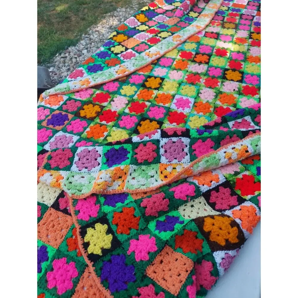 VTG Large Handmade Crochet Afghan Granny Square Blanket Hand Sewn Made Dopamine
